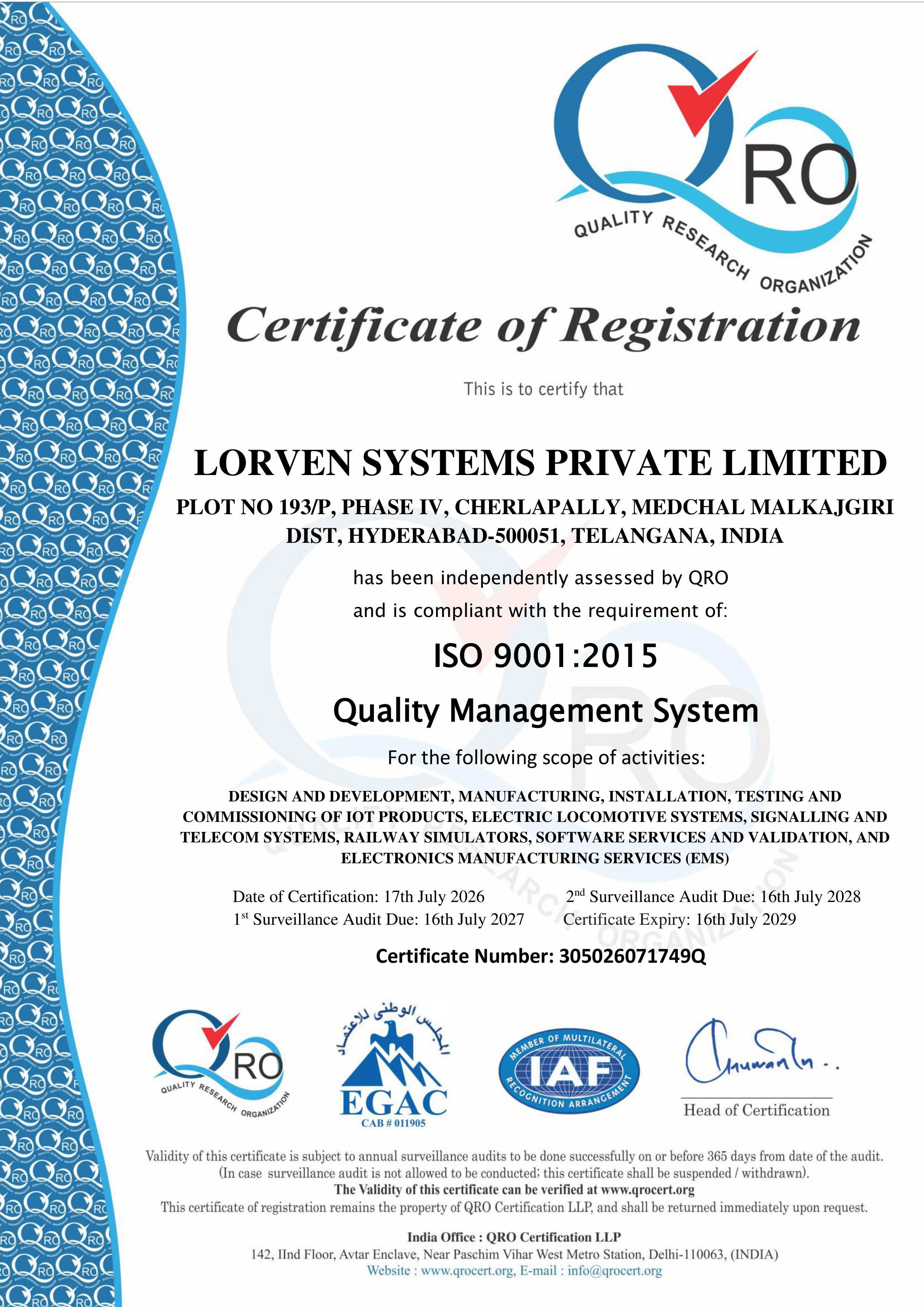 ISO 9001:2015 Certificate of Registration — LorVen Systems Private Limited
